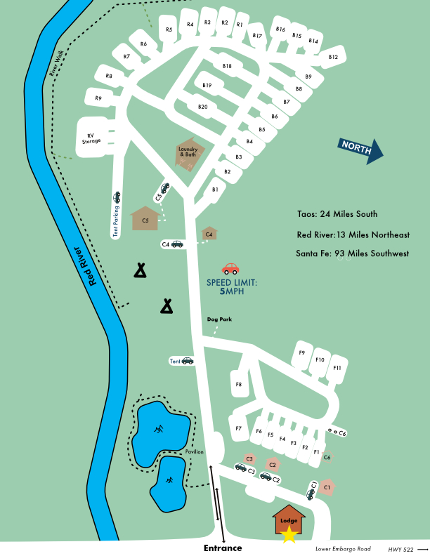Map of Questa Lodge & RV Resort feauturing RV spaces, cabins and tent options as well as the Red River to the South.